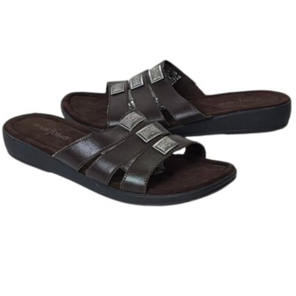 MINNETONKA Brown Leather Slip On Sandals Western Boho Women's Size 10 - Picture 1 of 16